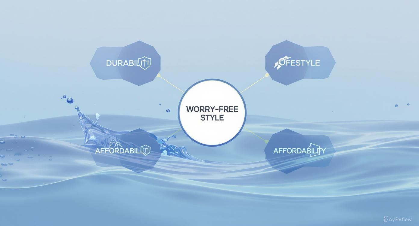 Diagram illustrating 'Worry-Free Style' connected to durability, lifestyle, and affordability concepts on a water background.