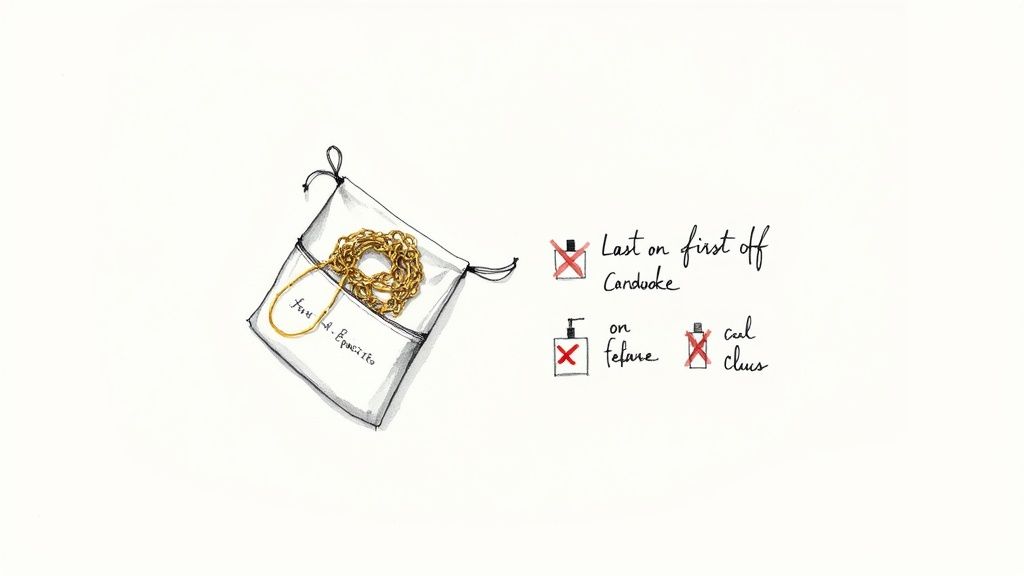 Gold chain necklace stored in white pouch with care instructions for proper jewelry storage