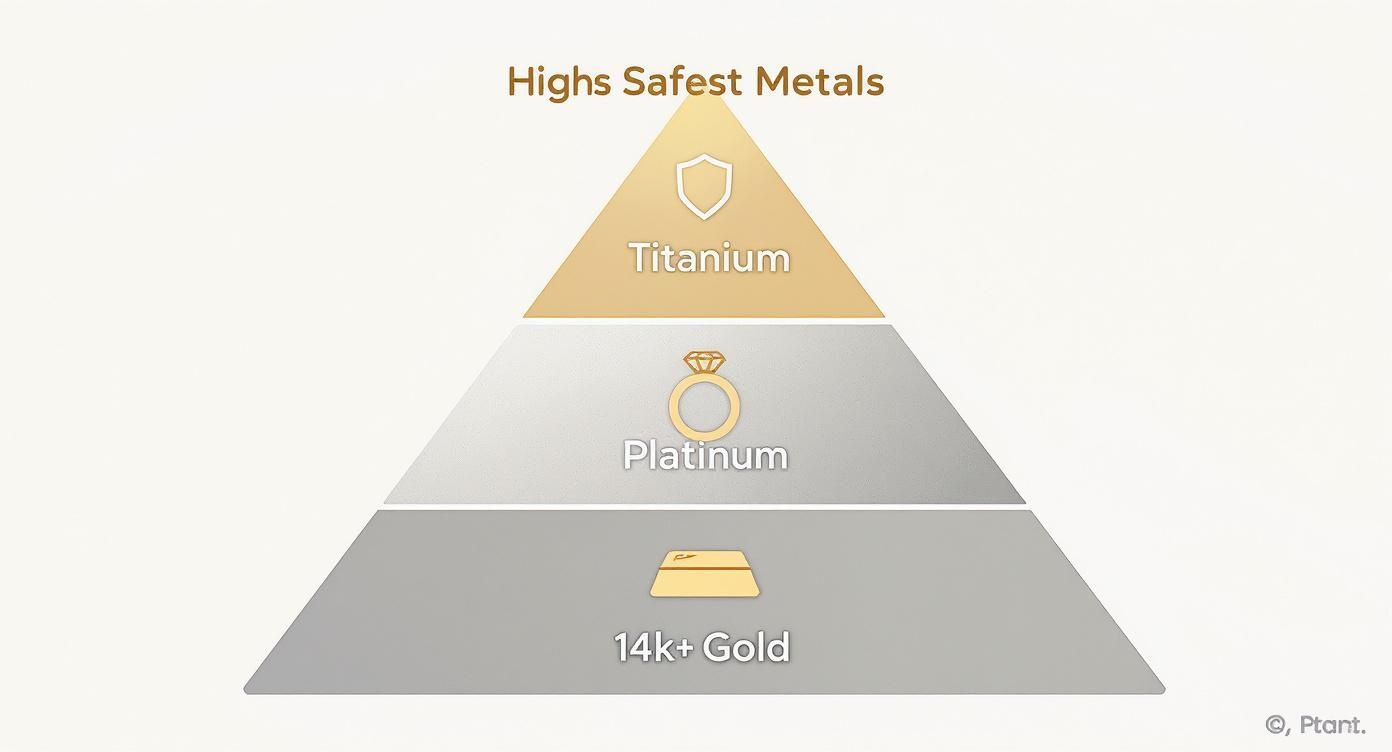 A pyramid chart ranking the safest metals for skin: Titanium, Platinum, and 14k+ Gold.