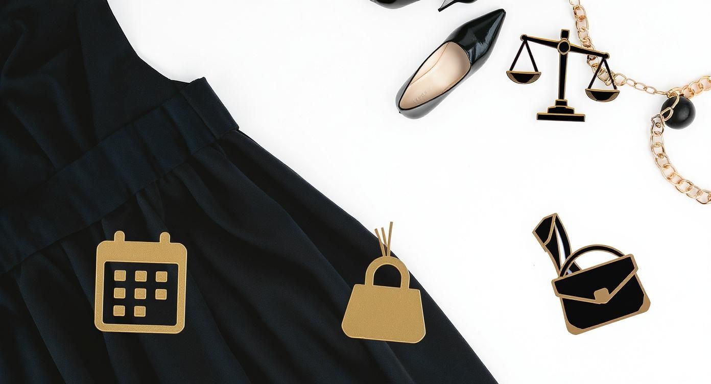 A black dress paired with professional and legal-themed accessories like scales, a calendar, and handbags.