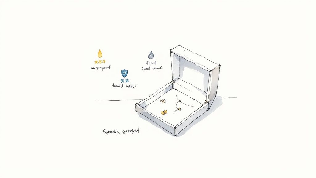 Sketch showing an open jewelry box and icons for waterproof, sweatproof, and tarnish-resistant qualities.