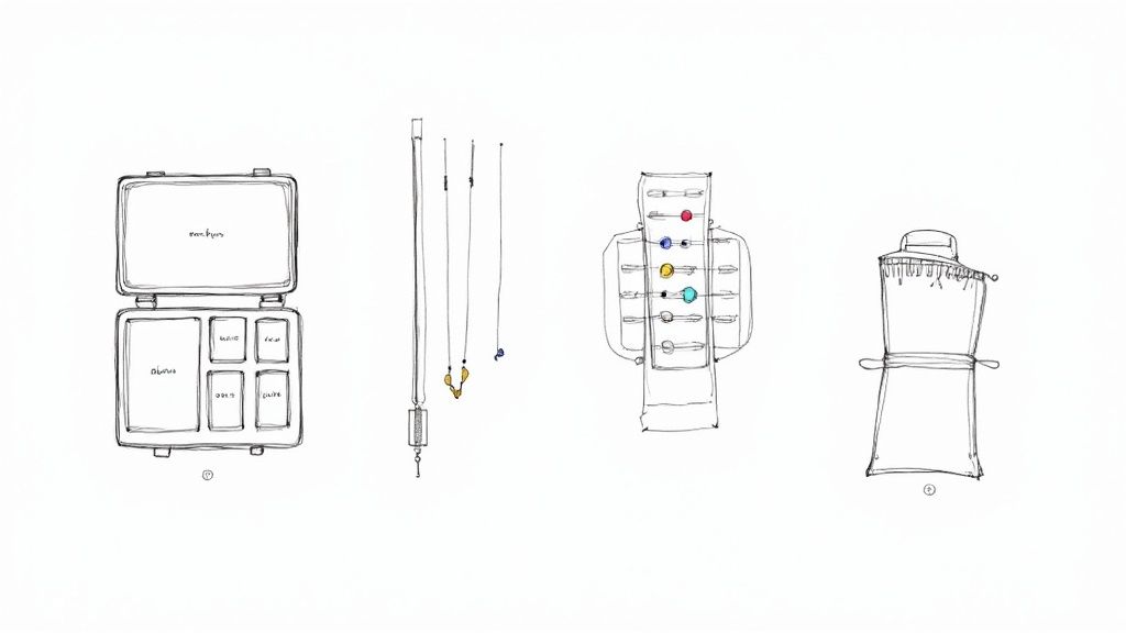 Line drawings of various travel jewelry organizers, cases, and necklace displays on a white background.