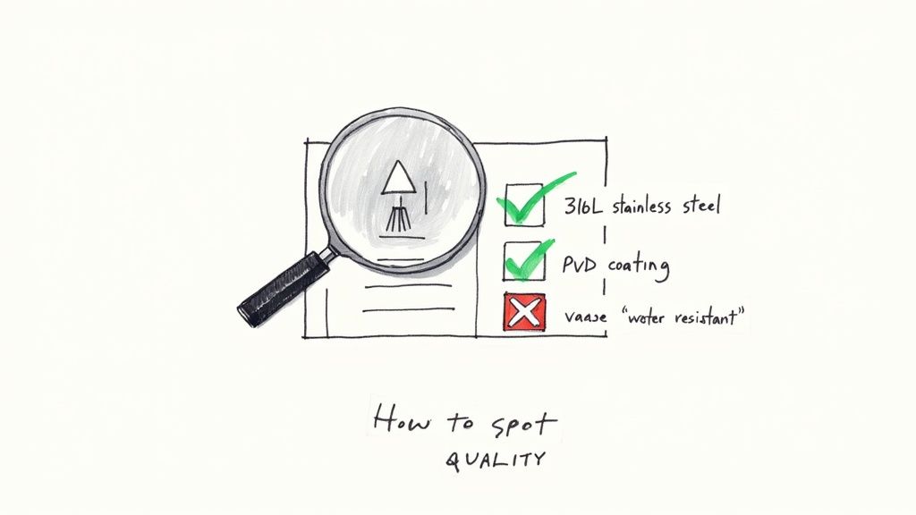 A magnifying glass examining a checklist for quality, showing 316L stainless steel and PVD coating with green checks.