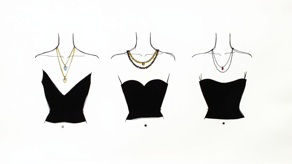 Illustration showing three black tops with various necklaces, demonstrating different jewelry styling options.