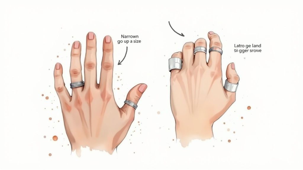 A jeweler carefully measuring a person's ring size in a store