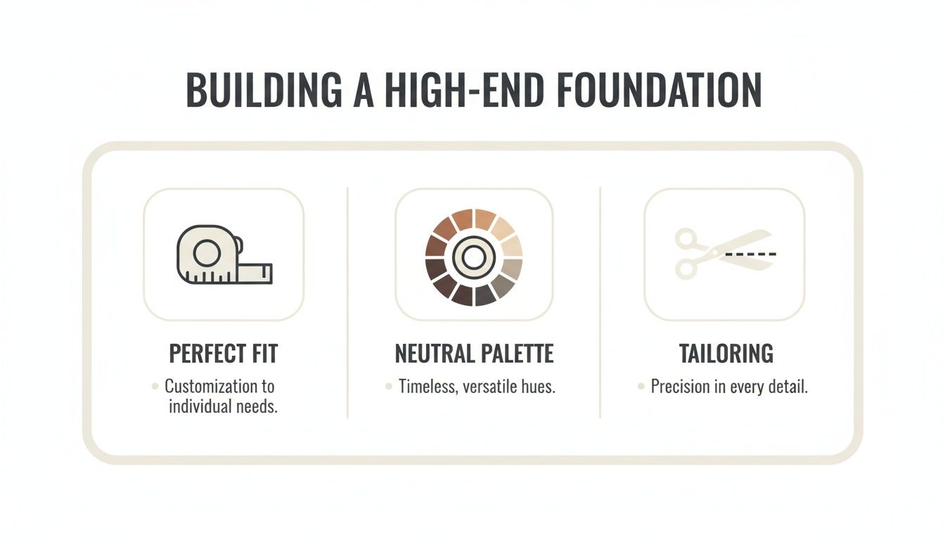Infographic detailing three key elements for building a high-end foundation: perfect fit, neutral palette, and tailoring.