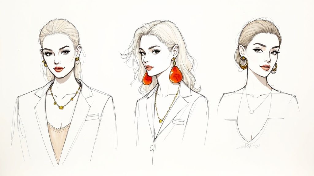 Three fashion illustrations of women showcasing various jewelry pieces, hairstyles, and outfits.