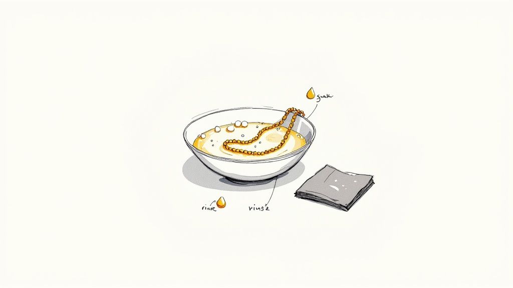 Gold chain jewelry soaking in bowl with soapy water and vinegar for cleaning