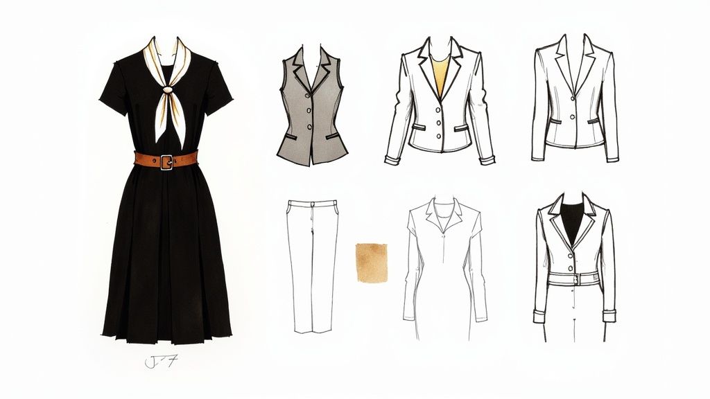 Collection of fashion sketches illustrating a black dress with a scarf and belt, blazers, vest, and trousers.