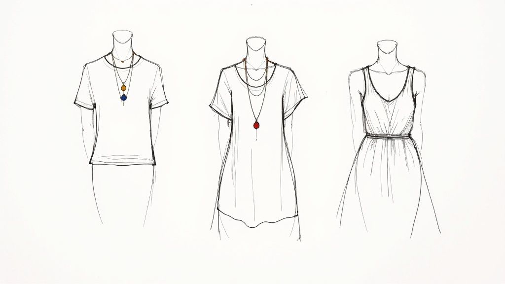 Three line art fashion illustrations showing different outfits with layered necklaces on mannequins.