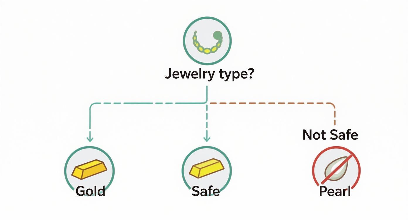 Flowchart showing jewelry cleaning safety: gold is safe, pearls are not safe for vinegar cleaning