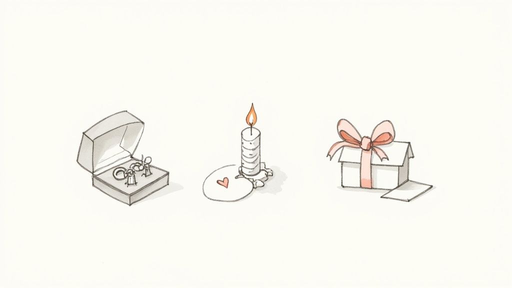 A whimsical watercolor illustration featuring an open jewelry box, a lit candle with a heart, and a gift box.