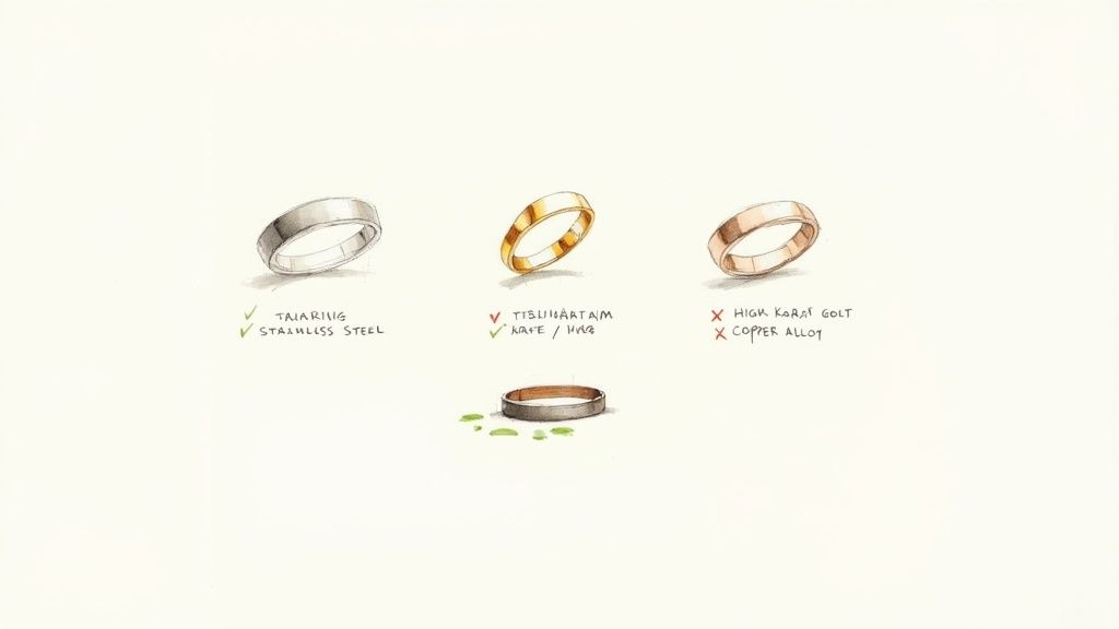 Three rings showing stainless steel, gold-plated, and copper alloy with skin discoloration comparison