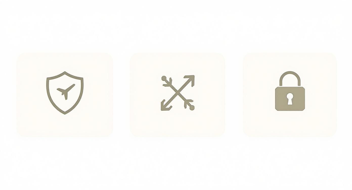 Three light gray icons on white squares: a shield with an airplane, intersecting arrows, and a padlock.