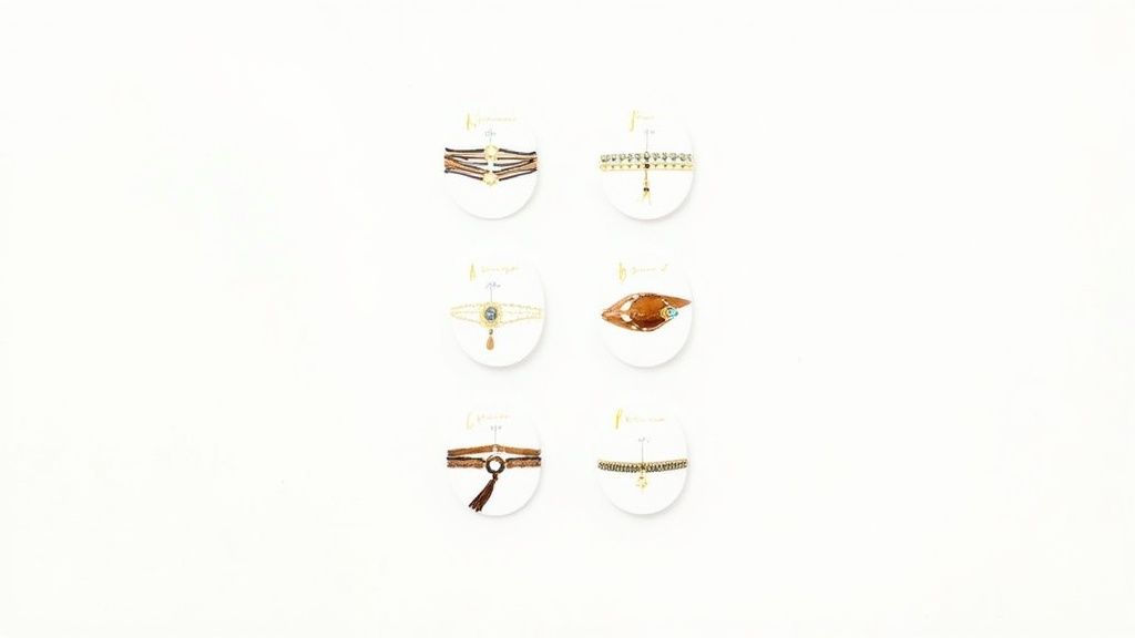 Six delicate stackable bracelets on individual white display cards, featuring beads, tassels, and charms.