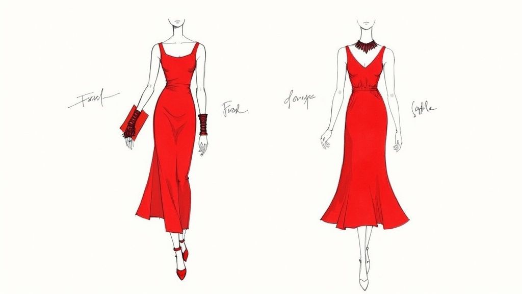 Two fashion illustrations showcasing elegant red dresses with various accessories and styles.