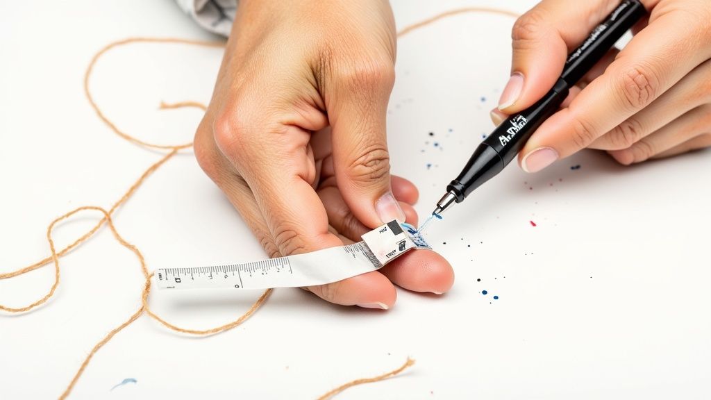 A person using a printable ring sizer to measure their finger