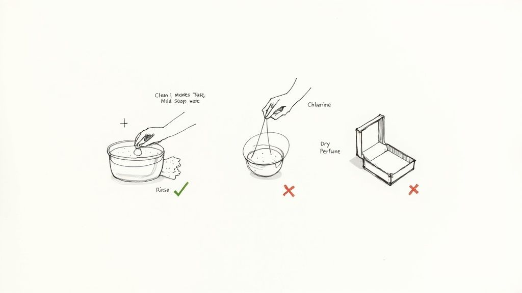 Guide illustrating good and bad practices for jewelry care: mild soap rinse is good, chlorine and perfume are bad.