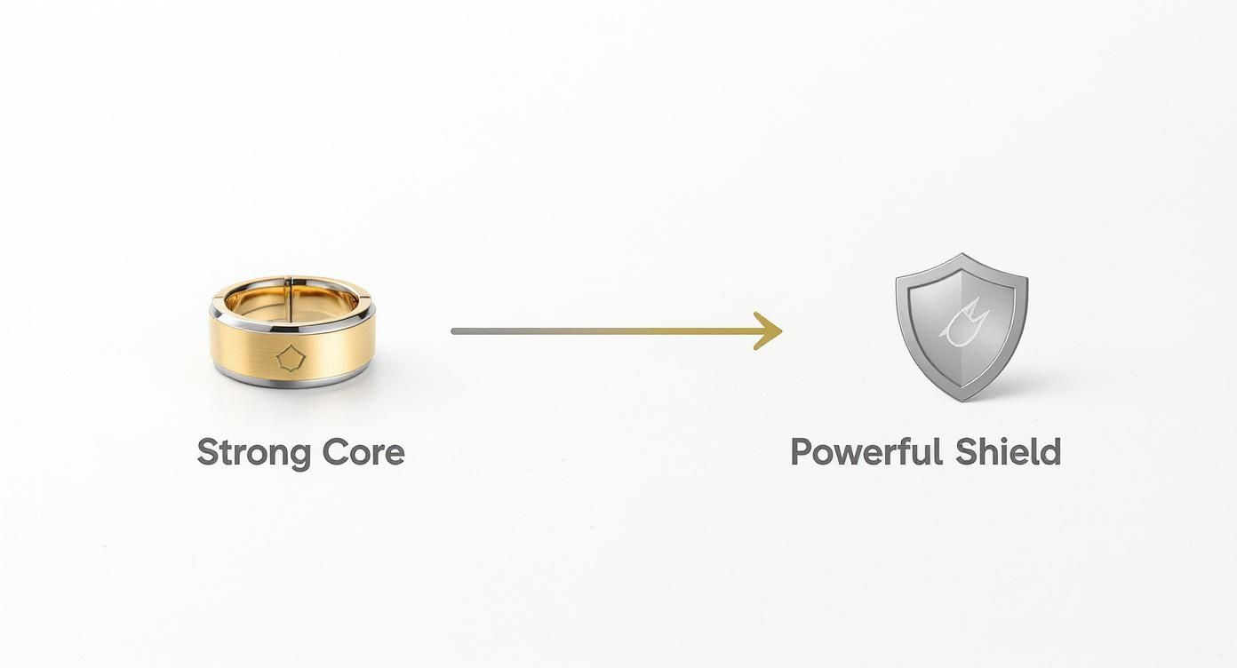 A gold and silver ring labeled 'Strong Core' transforms into a silver shield labeled 'Powerful Shield'.