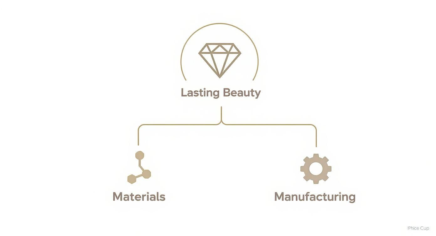 Diagram illustrating Lasting Beauty achieved through quality Materials and efficient Manufacturing processes.