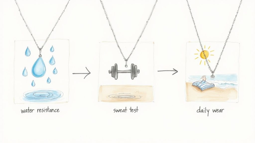 Illustration showing a necklace enduring water resistance, sweat test, and daily wear conditions.
