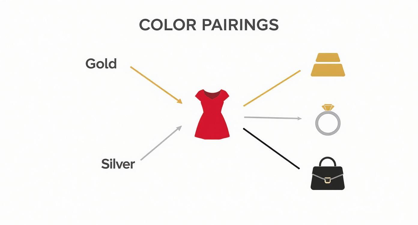 Infographic showing color pairings for a red dress with gold and silver accessories and a black handbag.
