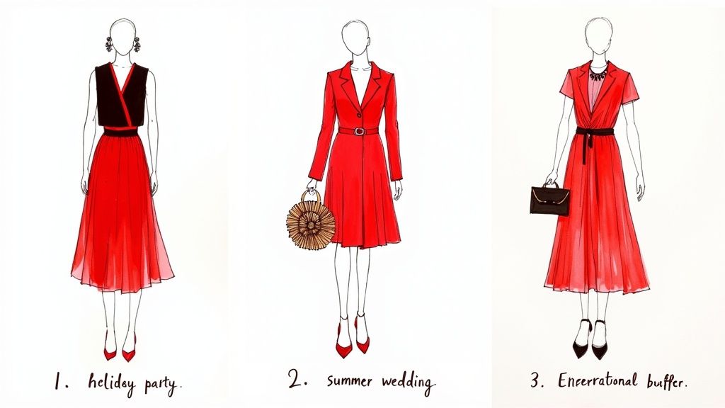 Three fashion illustrations showing different red dress outfits for a holiday party, summer wedding, and an evening.