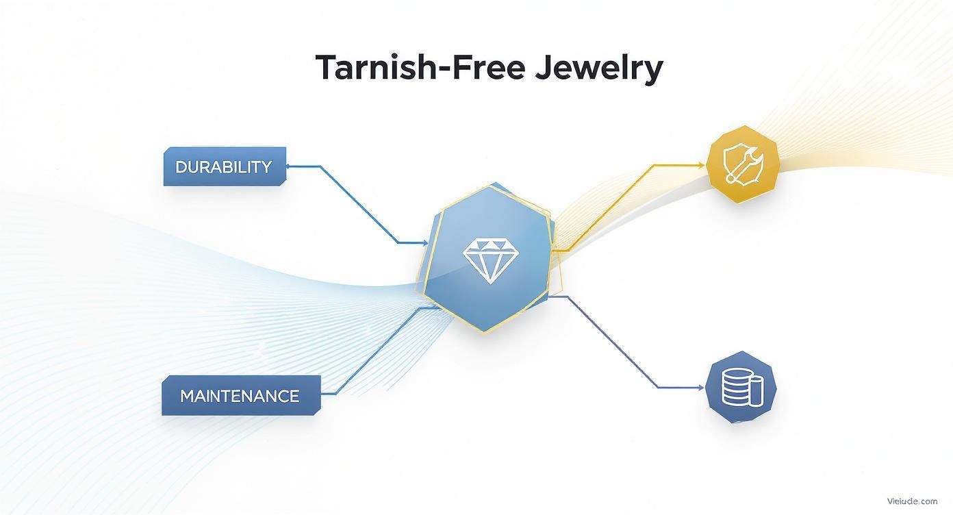 A diagram illustrating the benefits of tarnish-free jewelry, highlighting durability, maintenance, and value.