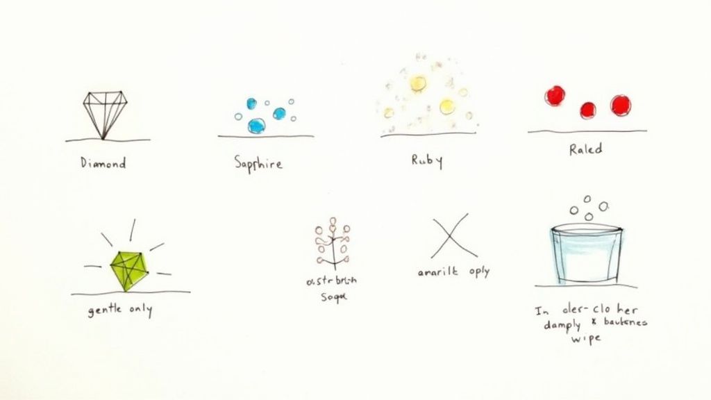 A collection of household cleaning products with a red X over them, next to sparkling jewelry.