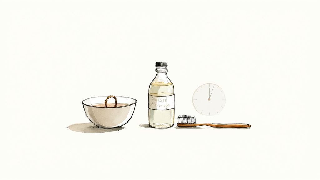 Natural jewelry cleaning supplies including bowl, vinegar bottle, toothbrush, and white cloth on neutral background