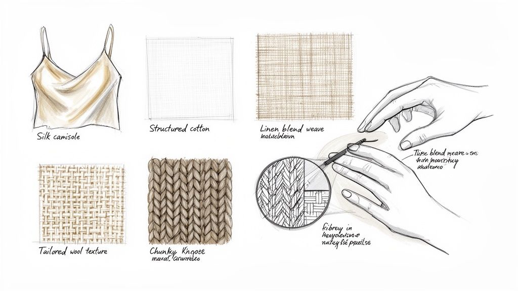Illustrations of various fabric textures: silk camisole, structured cotton, linen weave, tailored wool, and chunky knit.