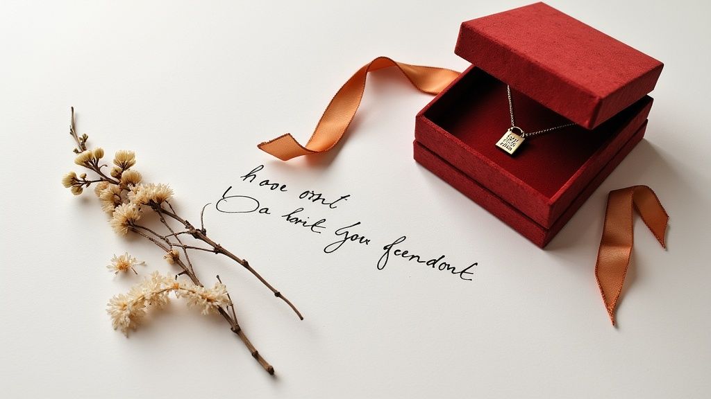 An open red gift box showcasing a silver padlock necklace, accompanied by a golden ribbon and dried flowers on a handwritten note.