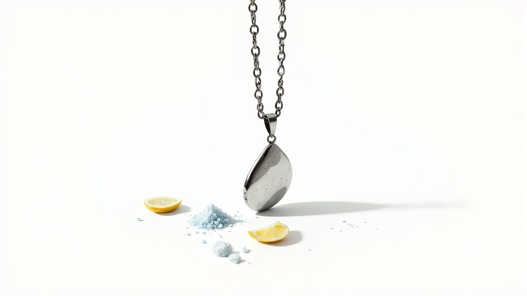 A person's hand wearing stainless steel rings, touching a green leaf with water droplets.