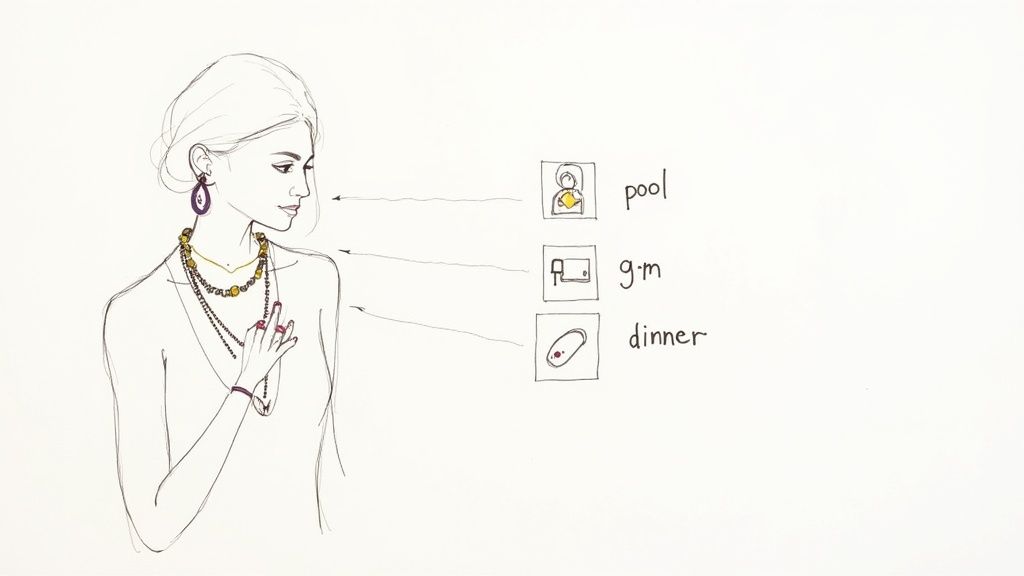 Sketch of a woman wearing various jewelry pieces, styled for different occasions: pool, gym, and dinner.