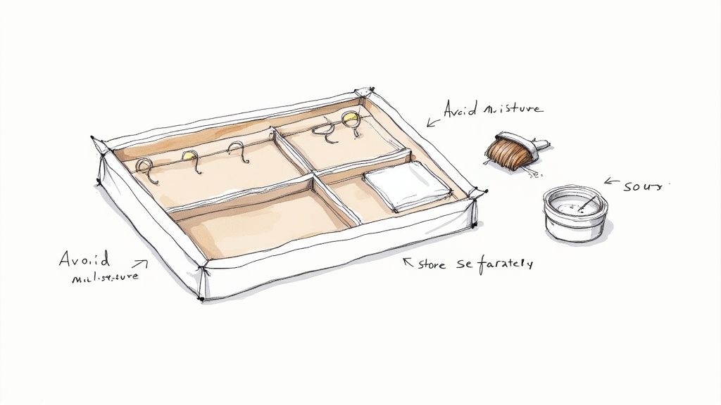 A sketch of a divided storage box for jewelry, featuring hooks and advice on avoiding moisture and storing items separately.