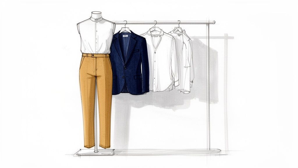 Minimalist fashion illustration of smart casual menswear: white shirt, brown trousers, blue blazer, and white shirts.