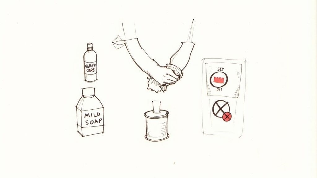 Illustration showing jewelry care essentials including mild soap, cloth, cleaning supplies and care instructions