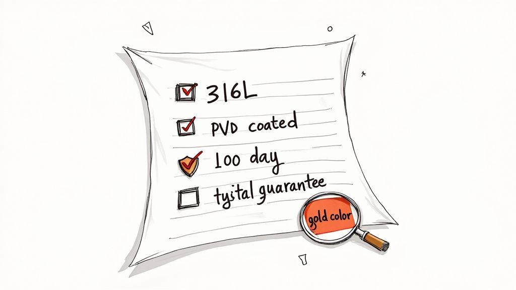 Illustrated checklist detailing material (316L), PVD coating, 100-day guarantee, and gold color.
