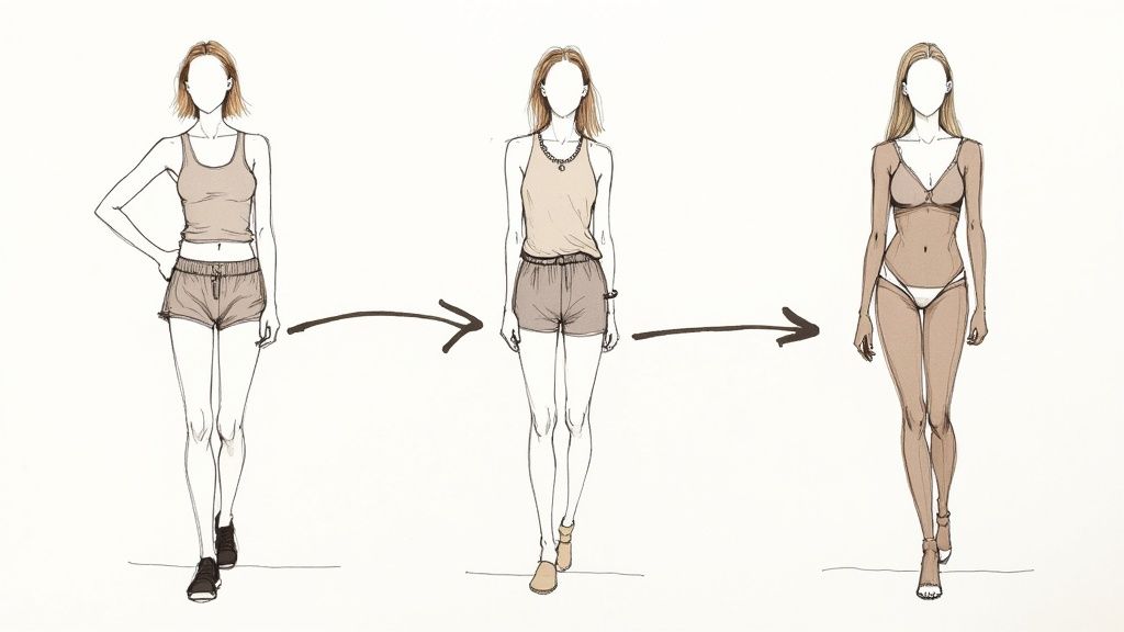 Three fashion illustrations of a woman demonstrating a style progression from sleepwear to lingerie.