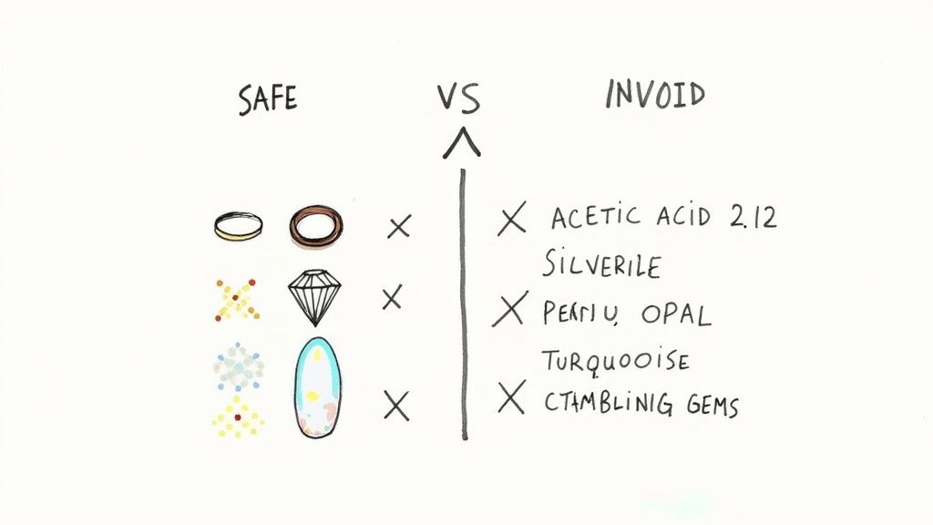 Chart showing safe versus unsafe gemstones and jewelry for vinegar cleaning