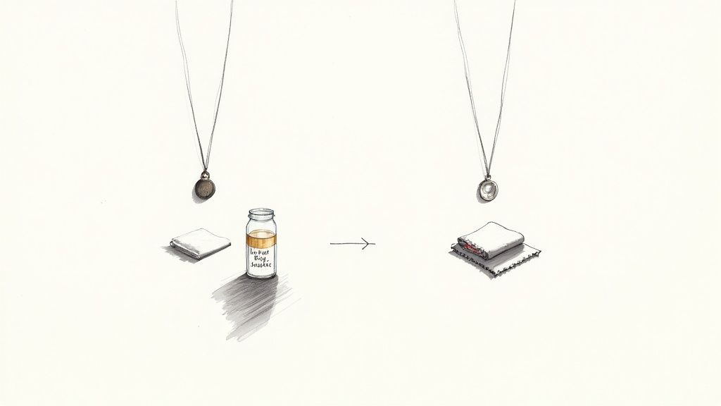 Before and after comparison showing tarnished costume jewelry necklace cleaned with baking soda solution