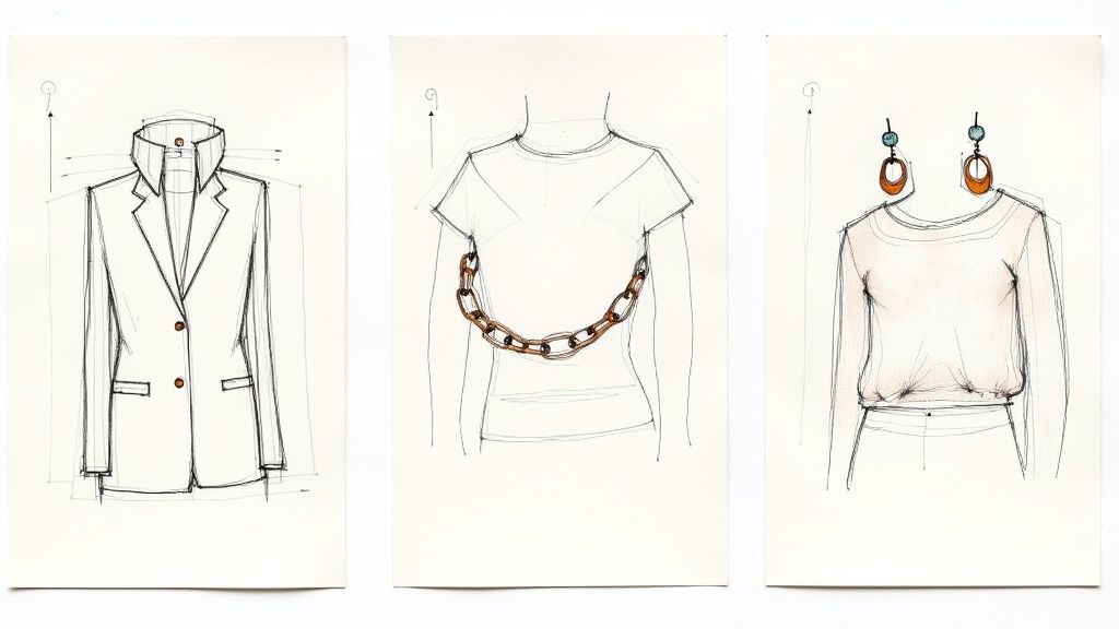 Three fashion sketches featuring a blazer, a t-shirt with a draped chain, and a top with drop earrings.