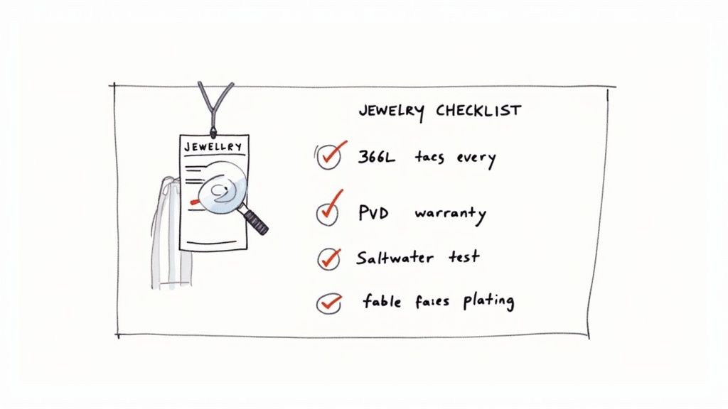 Hand-drawn jewelry checklist showing quality tests including stainless steel grades, PVD warranty, saltwater test, and plating verification