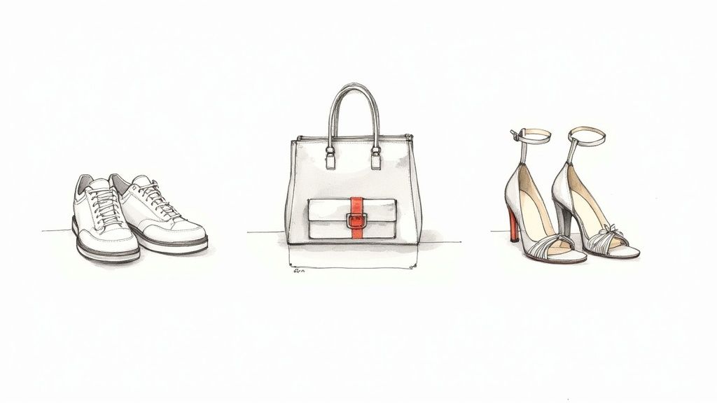 A watercolor illustration of white sneakers, a white handbag with an orange strap, and white high heels.