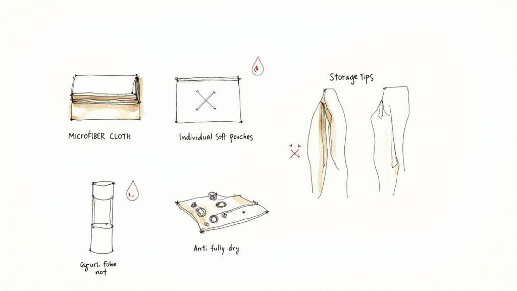 Hand-drawn illustration showing jewelry cleaning supplies including microfiber cloth, pouches, and proper storage methods