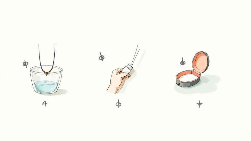Three panels illustrating various methods for cleaning jewelry, including soaking and using powder.