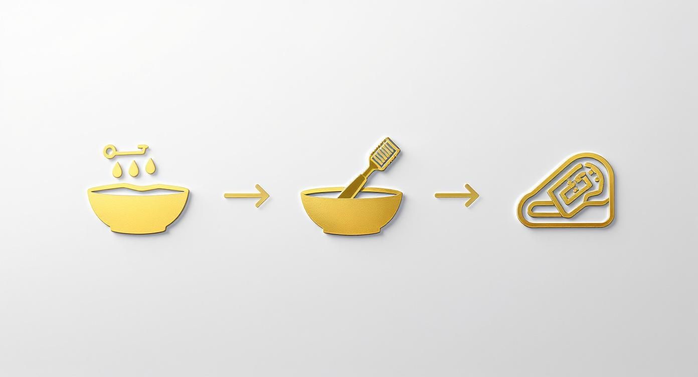 Step-by-step process diagram showing gold chain cleaning method with bowl, brush, and paperclip illustration