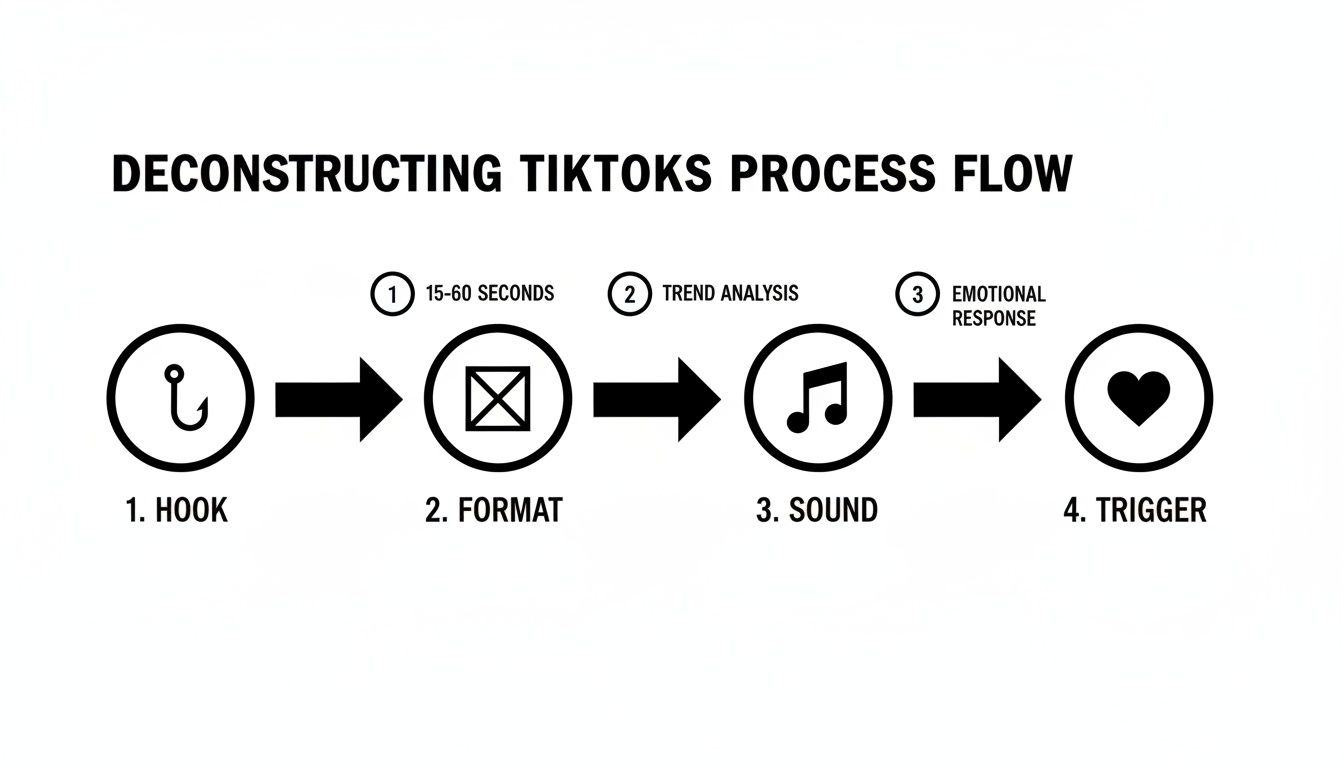 Flowchart illustrating the four-step process of deconstructing TikToks: Hook, Format, Sound, and Trigger.