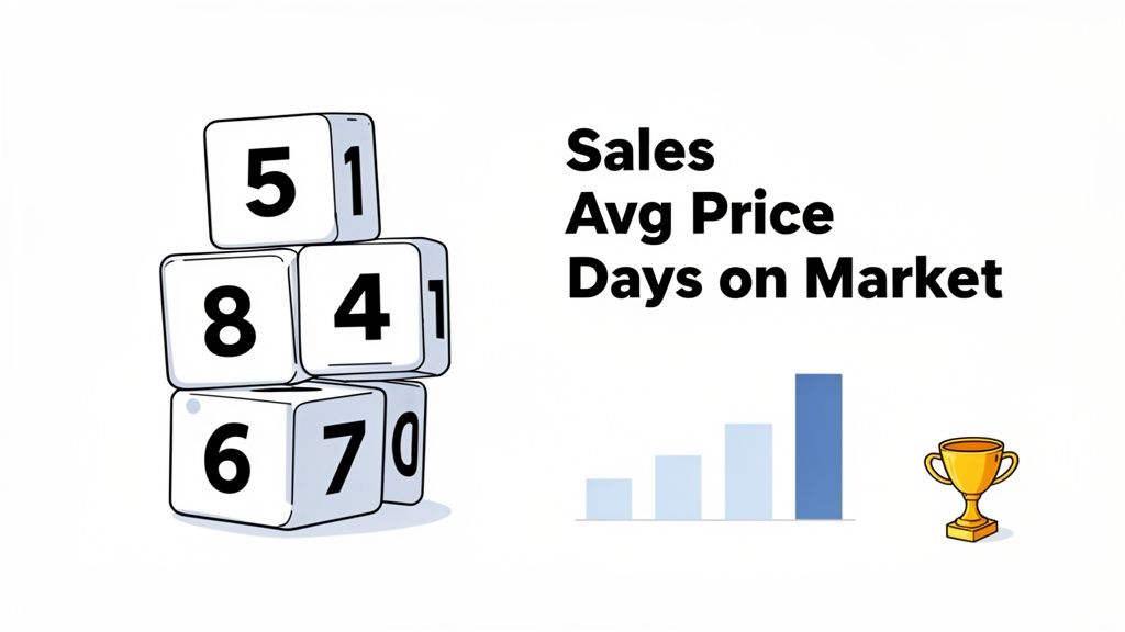 Illustration of real estate metrics: stacked dice, Sales, Avg Price, Days on Market text, bar chart, and trophy.