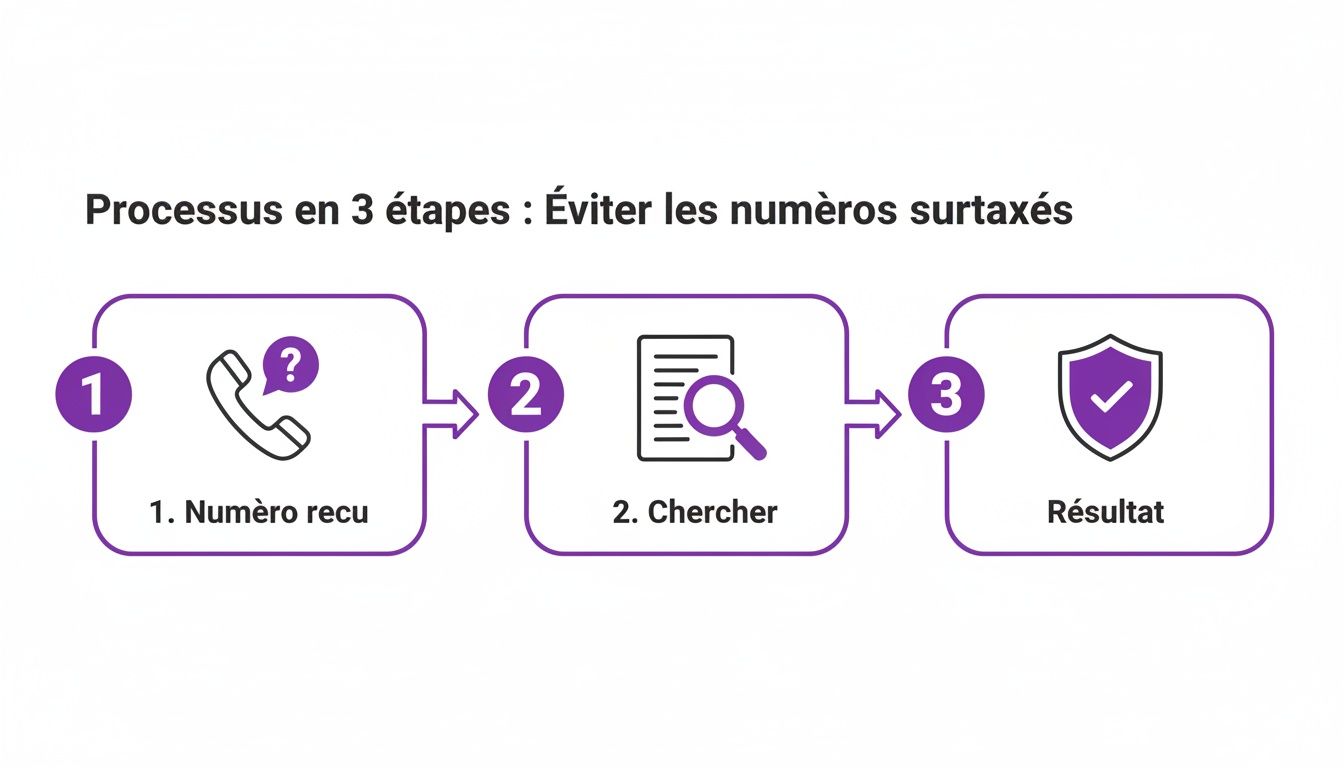 Infographie présentant un processus en 3 étapes pour vérifier et éviter les numéros de téléphone surtaxés.